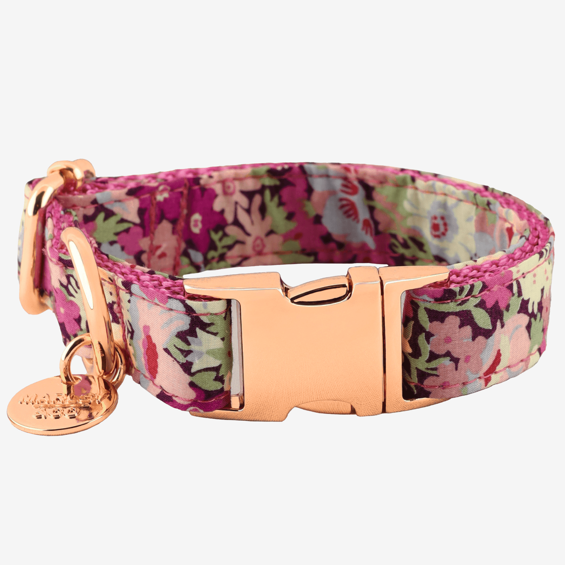 Marley&co Blossom, ogrlica za pse sa roze svetnim dezenom i rosegold metalnom kopčom