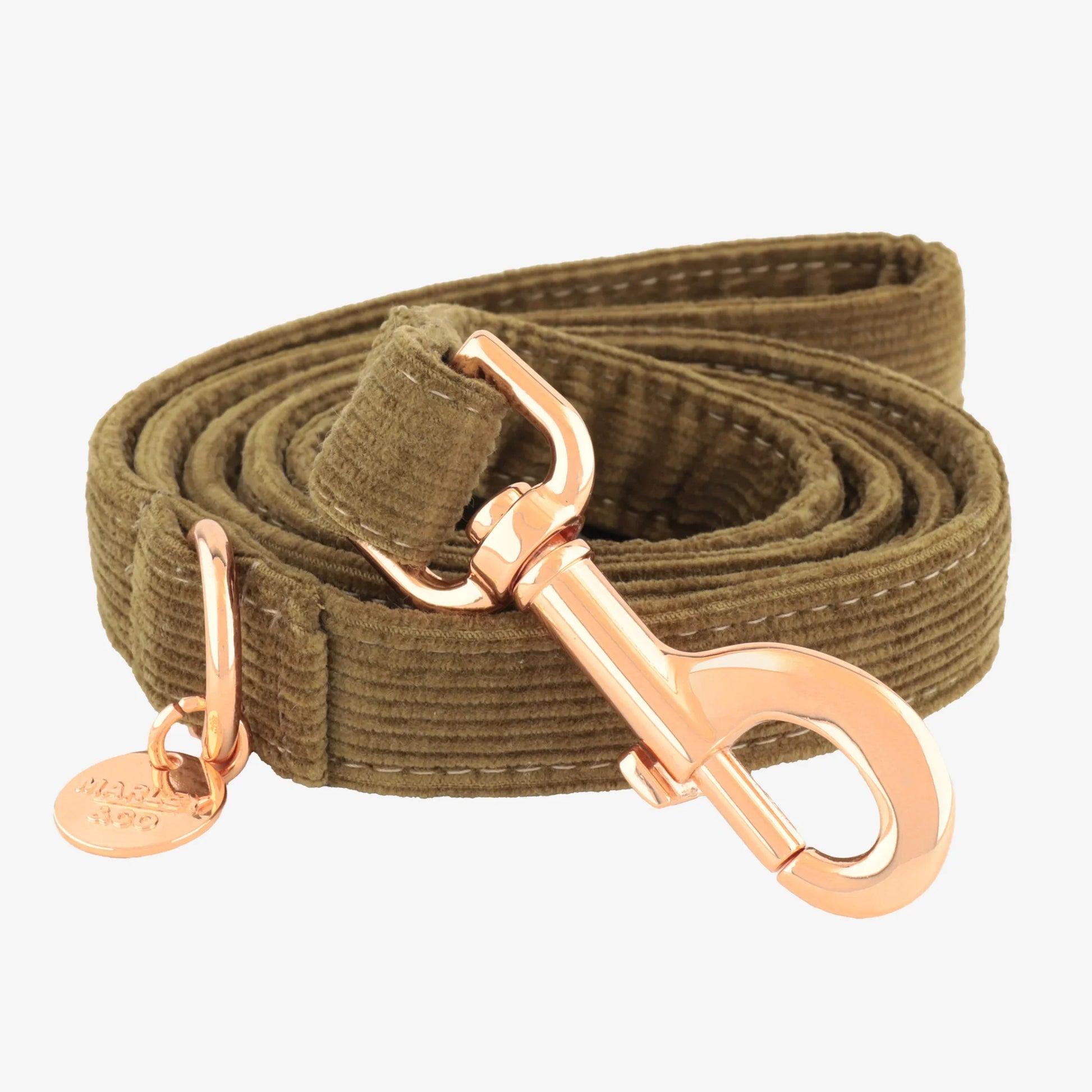Marley & Co somotski povodac za pse u maslinasto-bež boji sa luksuznom rose gold kopčom.