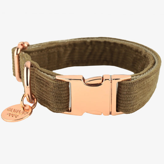 Marley & Co somotska ogrlica za pse u maslinasto-bež boji sa luksuznom rose gold kopčom.