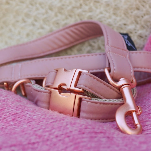 Ogrlica i povodac Rose od modne eko kože u baby rozoj boji sa rosegold metalnim delovima