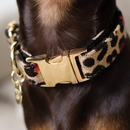 Marley&co wild one ogrlica za pse u leopard printu sa zlatnim metalnim detaljima na braon psu